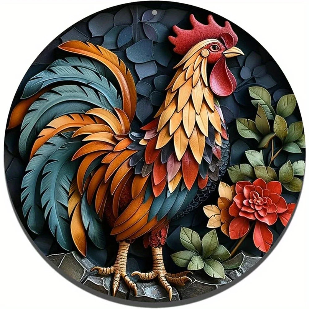 Round Aluminum Flat Sign, Vibrant Rooster Decoration