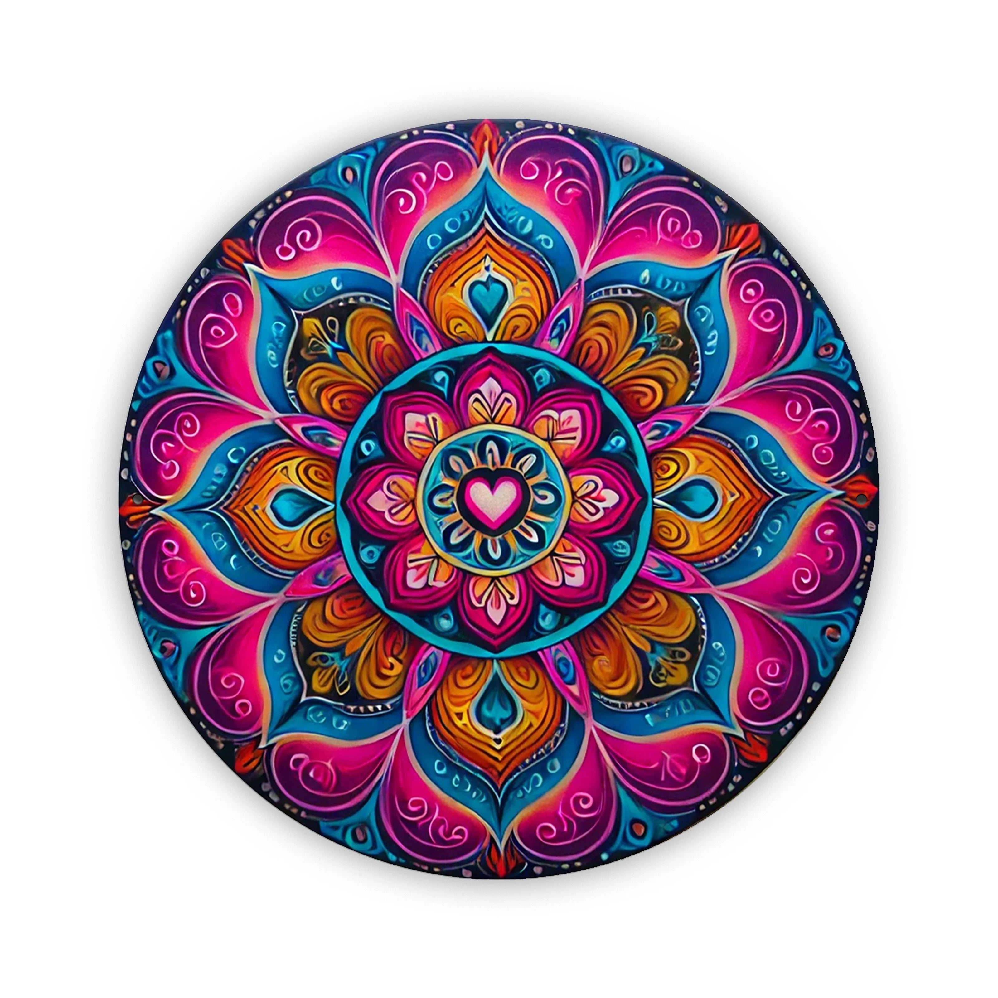 Vibrant Round Mandala Metal Wall Art featuring symmetrical heart-centered design in bold colors. Ideal for spiritual and decorative spaces.