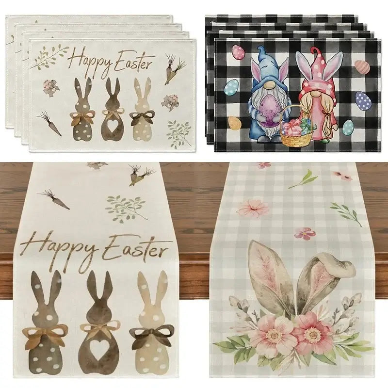 Easter Bunny Table Runner set with linen placemats featuring bunny silhouettes, eggs, and floral accents. Ideal for spring gatherings and decor.