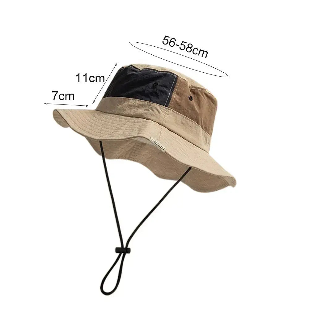 Beige Sun Protection Bucket Hat - Quick-dry with size dimensions and chin strap. Adjustable and breathable for hiking and sun protection.
