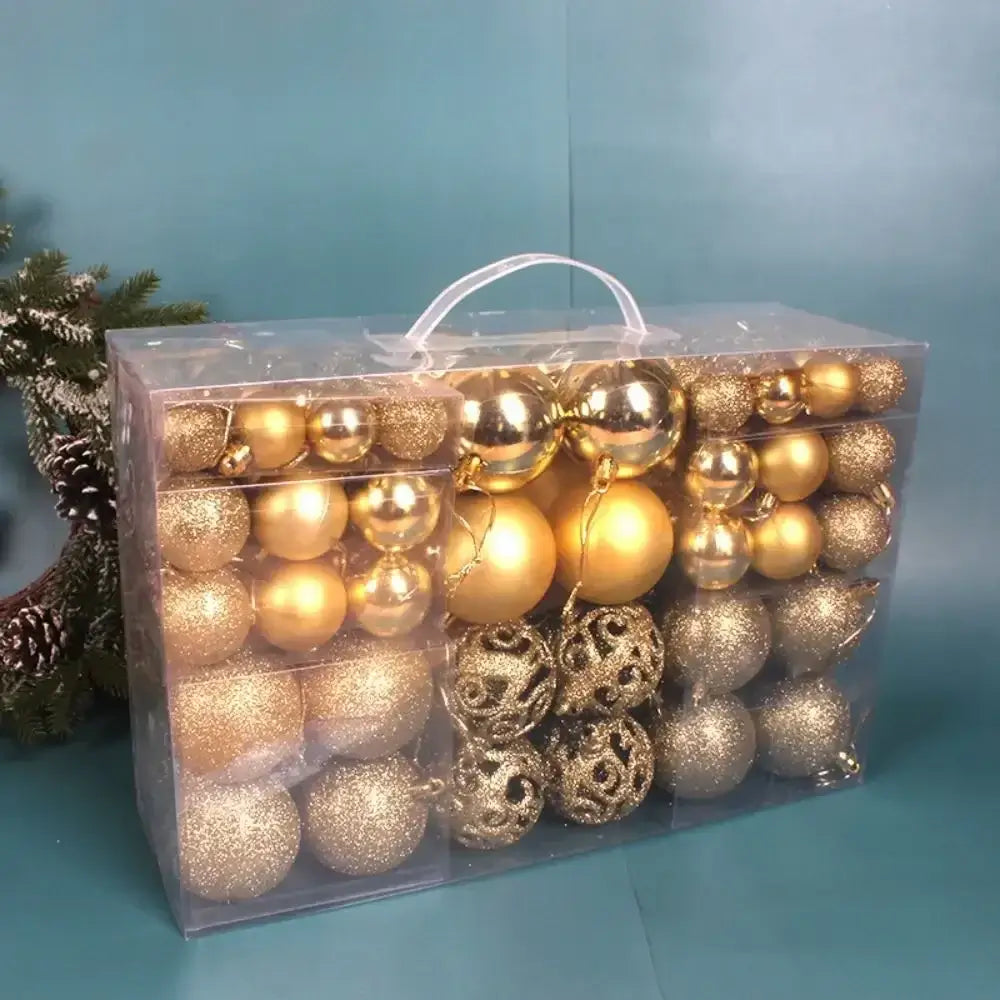 Gold 100PCS Plastic Christmas Ball Set with matte and glitter finishes, ideal for luxurious and elegant Christmas tree styling.
