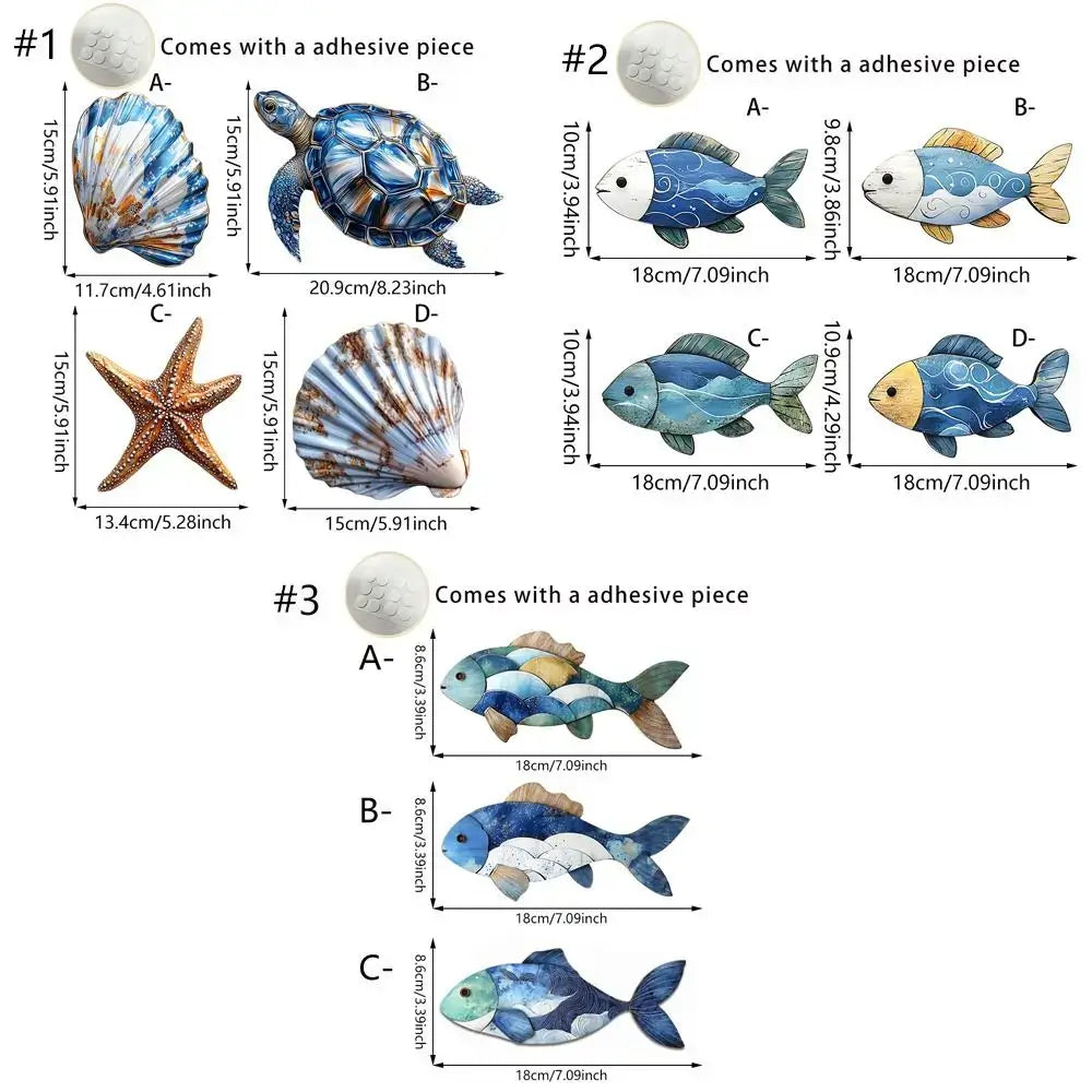 Size chart of wooden ocean decorations including fish, turtle, starfish, and seashells. Each comes with adhesive for easy wall mounting.