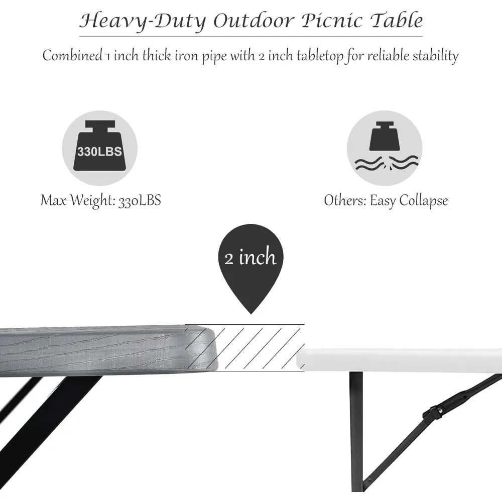 Cross-section of All Weather Picnic Table Set showing 2-inch tabletop and 1-inch iron pipe for enhanced stability and 330 lbs weight capacity.