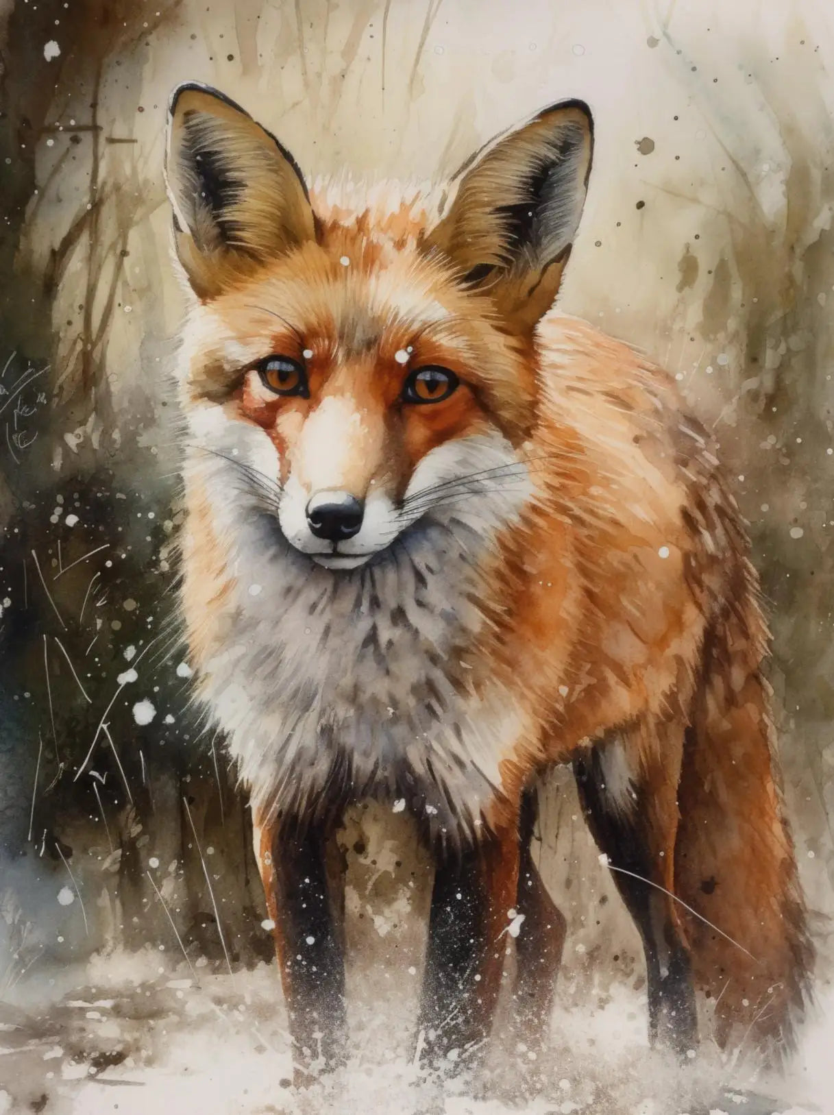 Forest Wildlife Art Poster - Watercolor Canvas Printing of a red fox in a snowy forest. A vivid and expressive animal print for rustic decor.