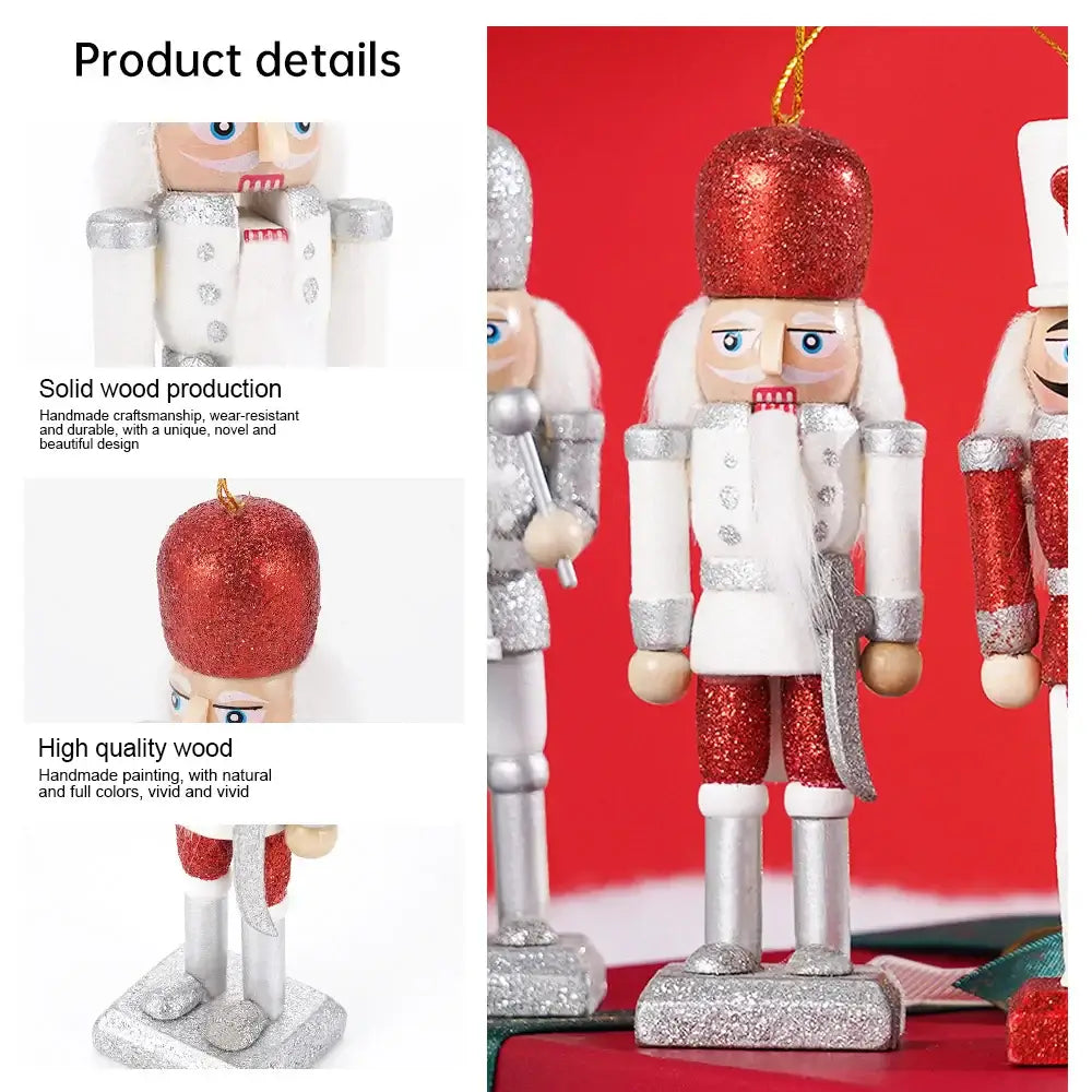 Detailed view of a red and white Wooden Nutcracker Soldier showing solid wood craftsmanship and glitter finish for Christmas decor.