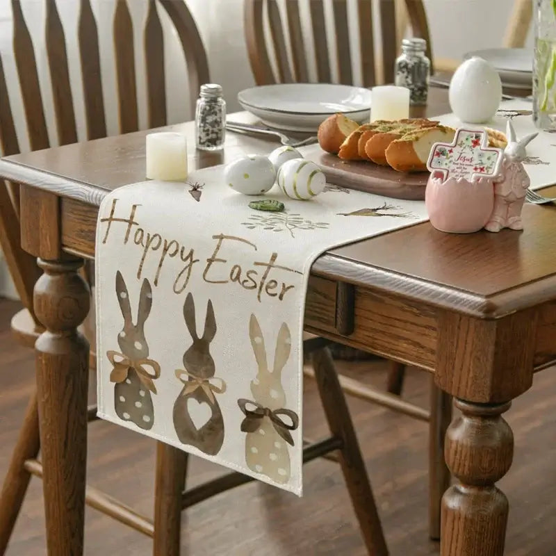 Happy Easter Bunny Table Runner in linen with brown bunny silhouettes and rustic accents. Perfect for festive spring table settings.