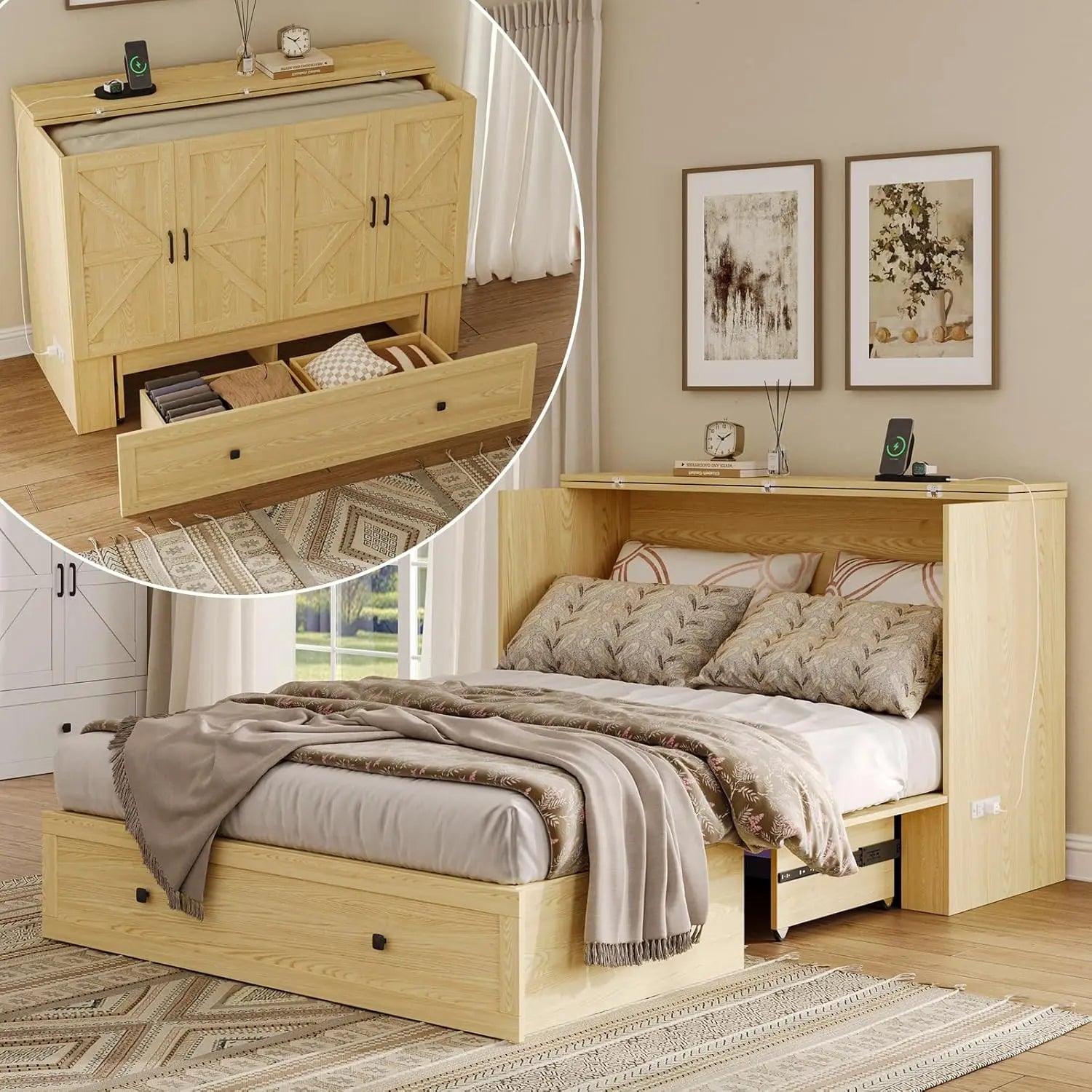 Full Size Wall-Mounted Murphy Bed with Built-In Charging Station & Mattress
