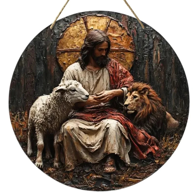 2D Retro Jesus Sign - Wooden Welcome showing Jesus seated with a lion and sheep, perfect for rustic Christmas wall decorations.