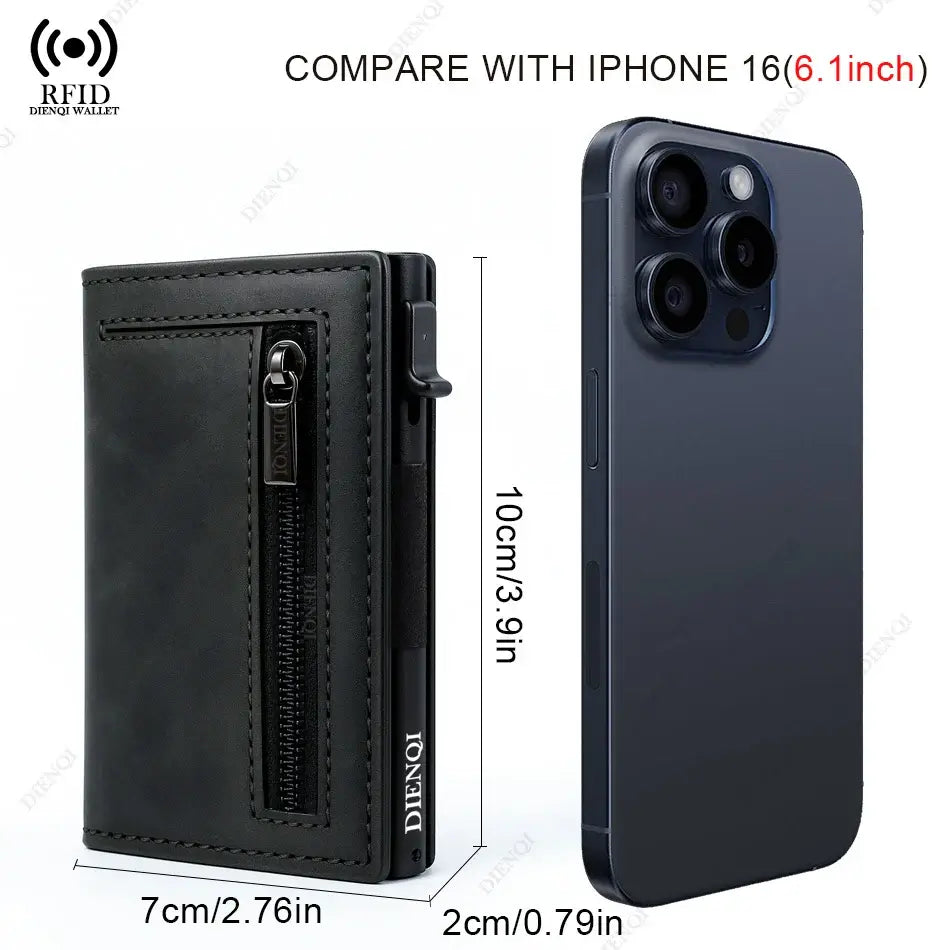 Compact RFID Credit Card Holder compared to iPhone 16, showcasing slim 10cm x 7cm size ideal for pocket-friendly men's wallets.