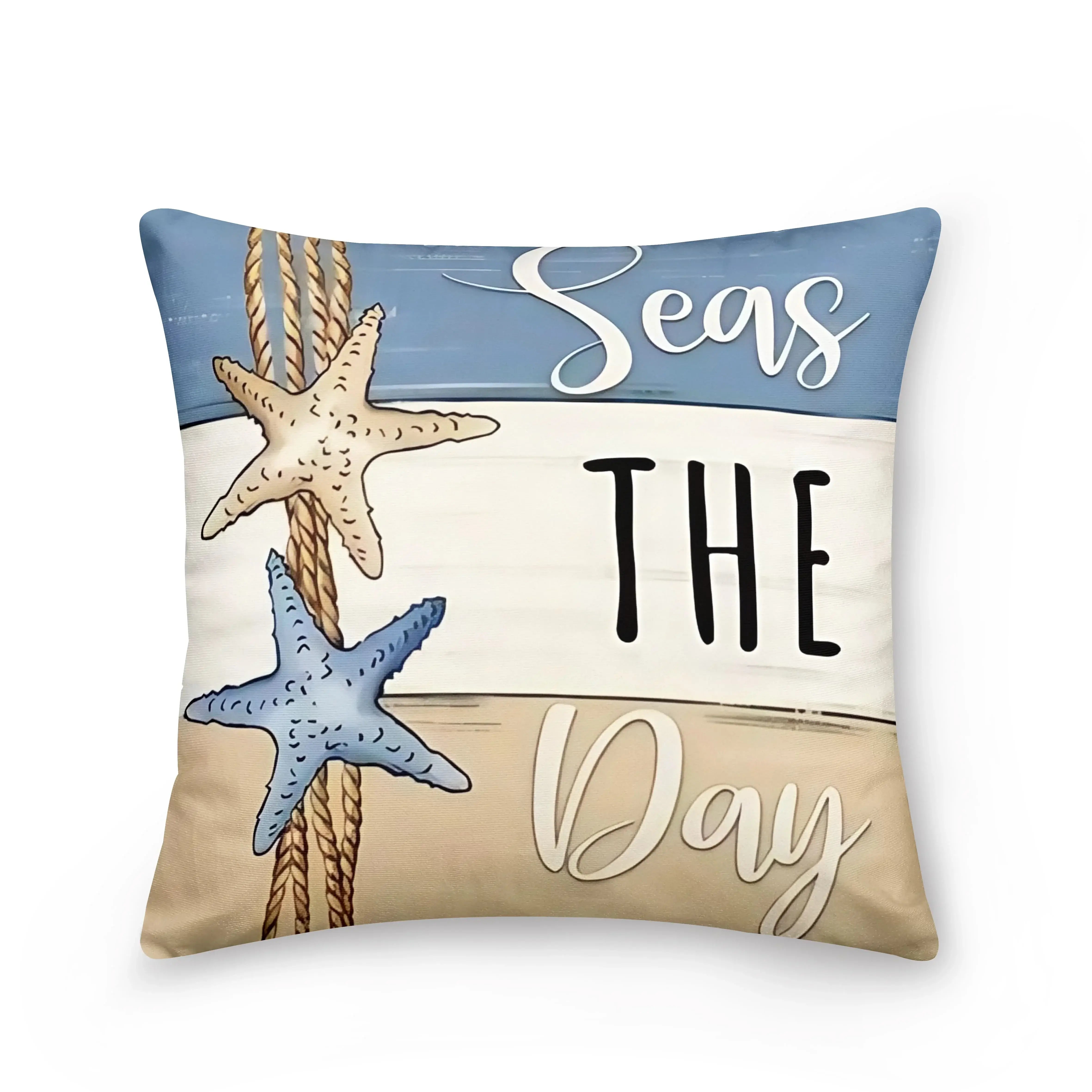 Ocean Home Decor Pillowcase with 'Seas the Day' text and starfish design. Nautical cushion cover in soft fabric for coastal home accents.