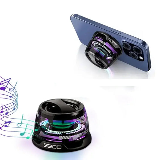 G200 RGB portable Bluetooth speaker magnetically attached to a smartphone, showcasing compact design and vibrant lighting for mobile use.