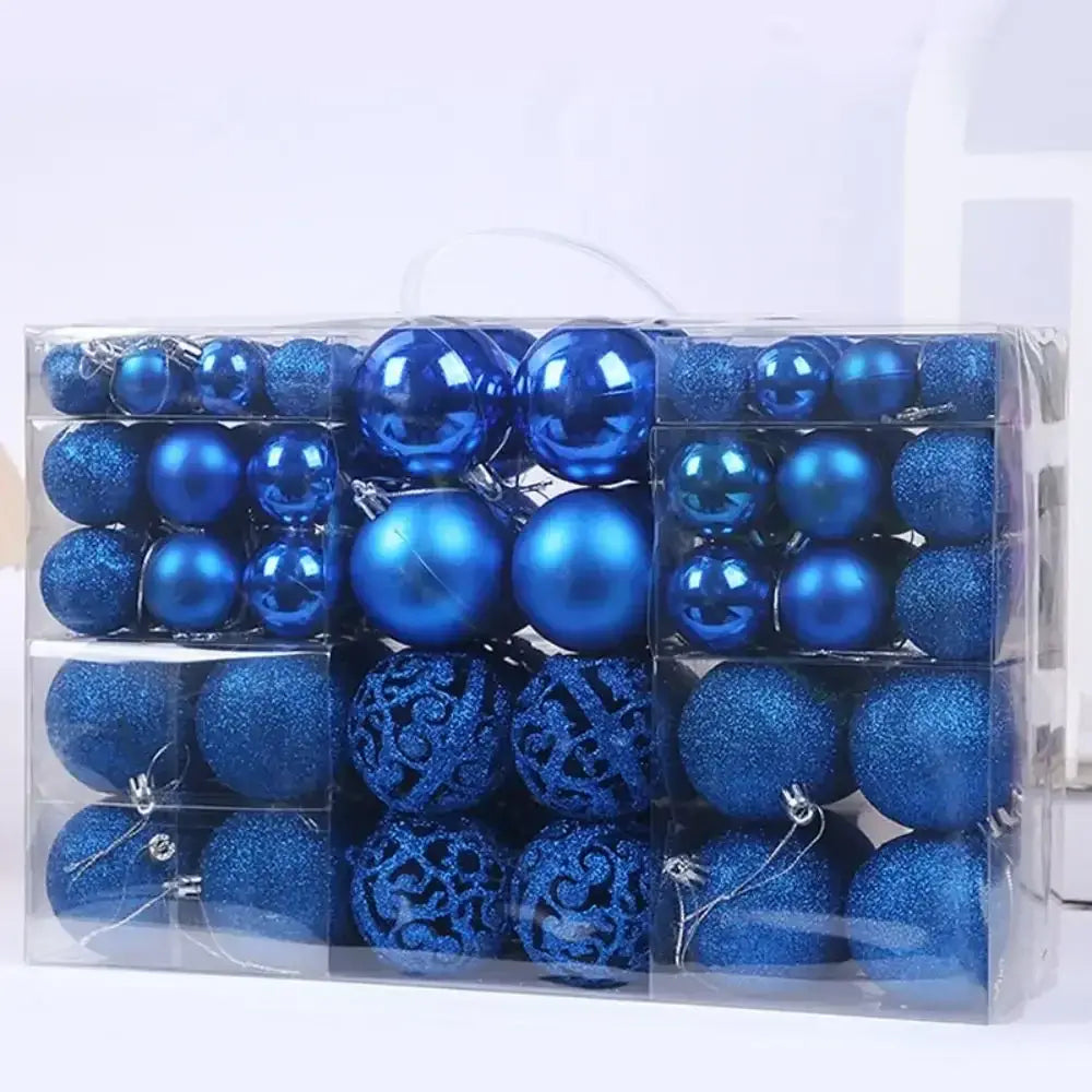 Royal blue 100PCS Plastic Christmas Ball Set with glitter and matte finishes, perfect for bold and vibrant Xmas tree decor.
