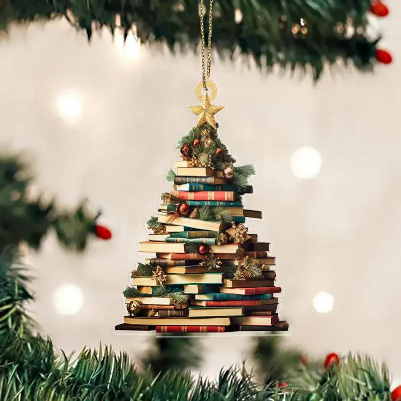 Acrylic Christmas Tree Bookshelf Ornament featuring stacked books and holiday accents, perfect for seasonal home decor.