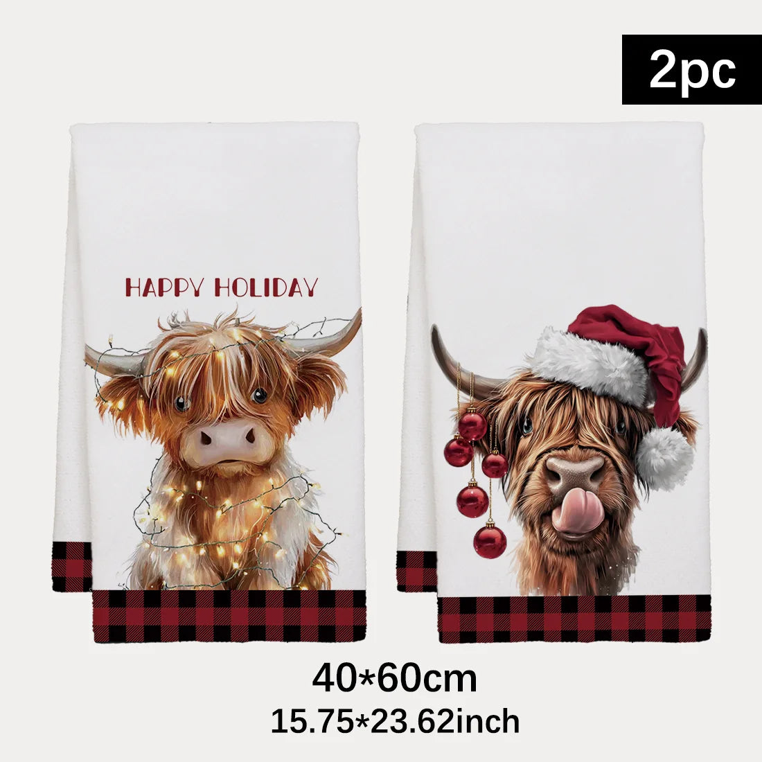 2pcs Kitchen Dishcloth Santa Hat Highland Cow Red Plaid