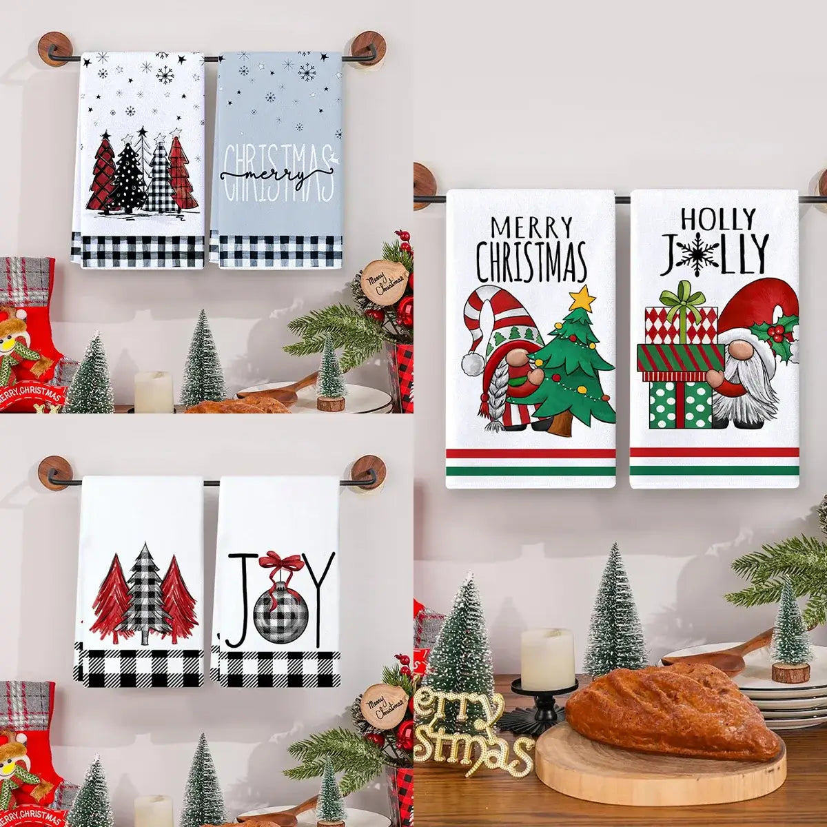 Christmas kitchen dish towels with festive tree and text designs in red, black, and blue. Cotton towels add charm to holiday kitchen decor.