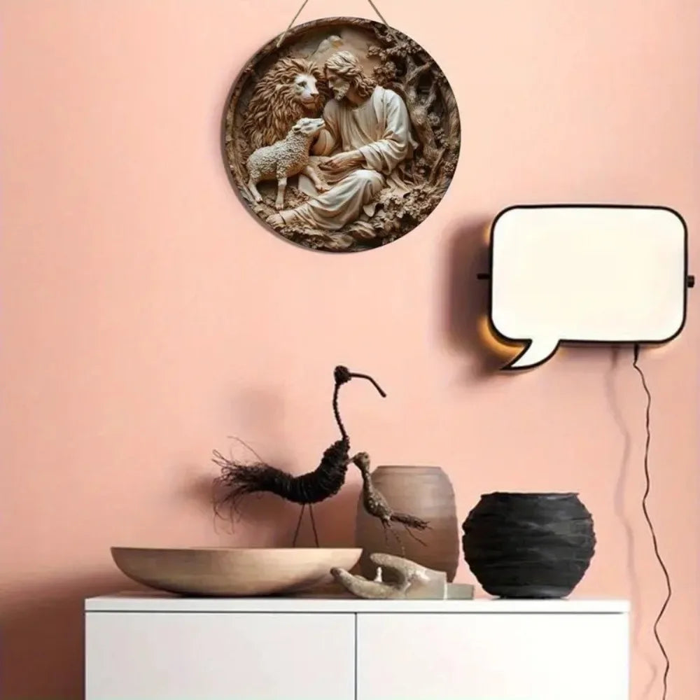 2D Retro Jesus Sign - Wooden Welcome displayed on a pink wall above a modern console, enhancing seasonal home decor with rustic charm.