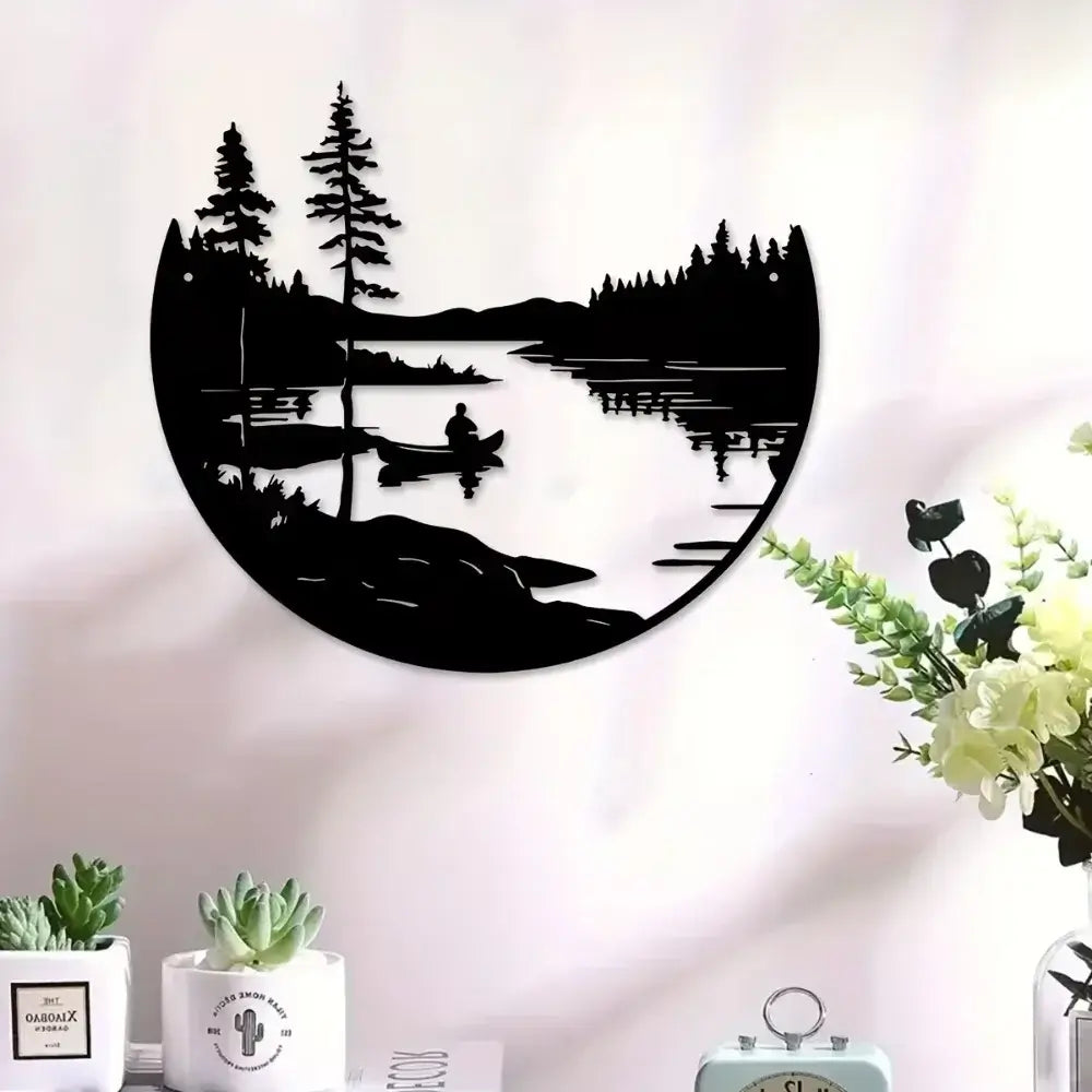 Decorative bohemian metal wall art with serene lake and mountain design, styled in a modern room with plants and minimal decor.