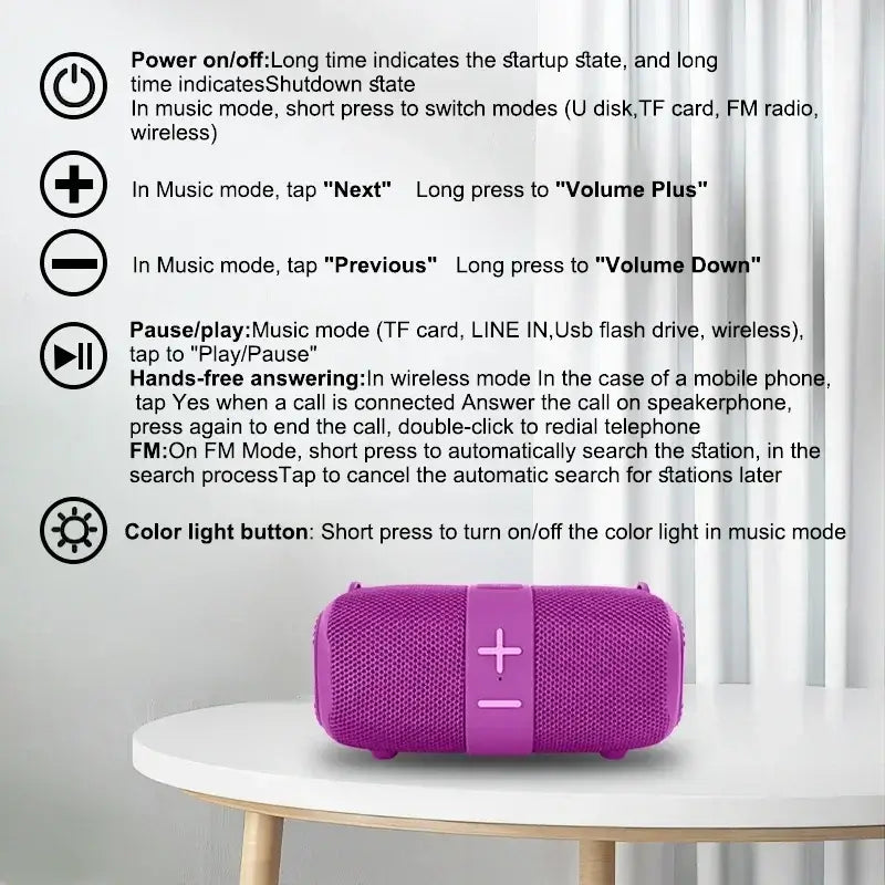 Purple Crossbody Bluetooth Speaker with control guide for music, hands-free calls, and FM radio. Features LED lights and multifunction buttons.
