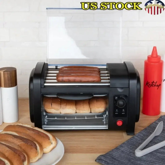 Stainless Steel Hot Dog Roller with Bun Warmer cooking hot dogs and warming buns on kitchen counter, ideal for compact home kitchens.