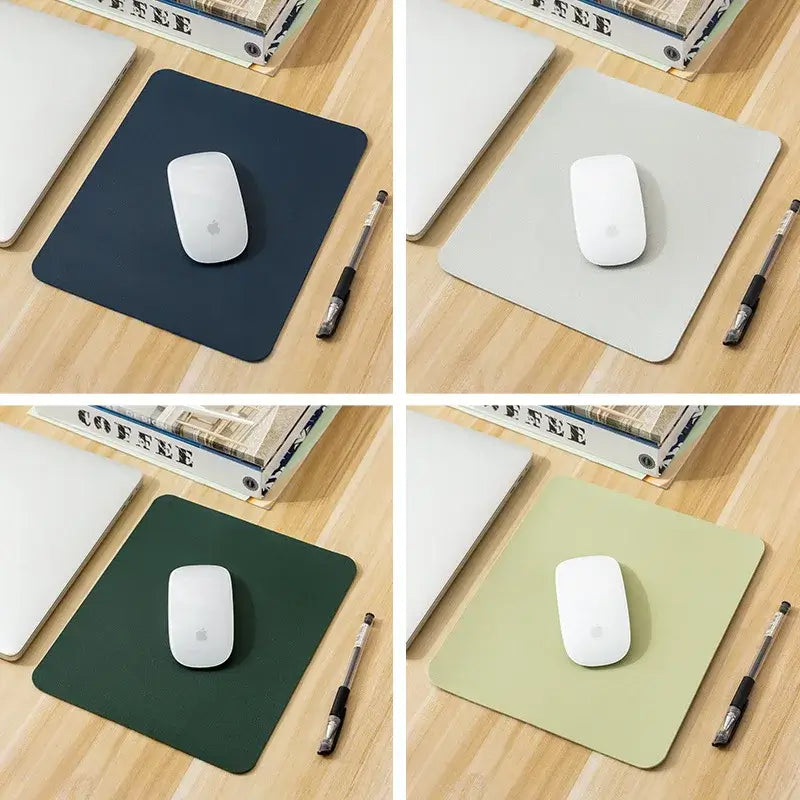 Set of four Small PU Leather Gaming Mouse Pads in navy, beige, green, and light yellow, perfect for stylish desktop use.