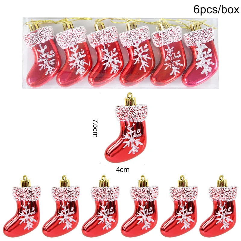 6pcs/box red Christmas stocking ornaments with snowflake design, 7.5cm tall, part of the Christmas Tree Ornaments Set - 6pcs Red Star Candy.
