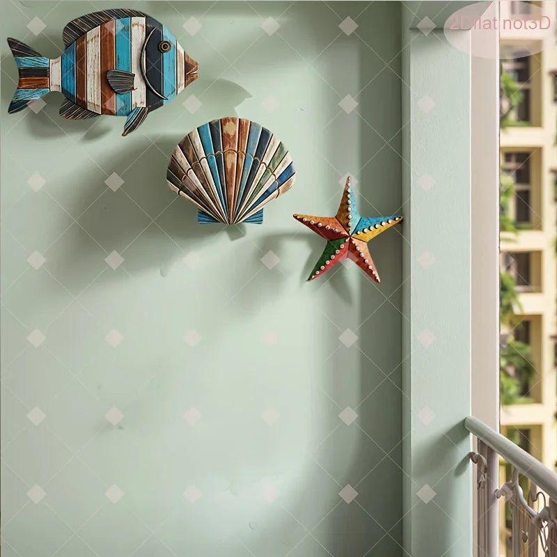 1/2 Set Colorful Ocean Art -Wooden Sea Fish, Shell, Starfish Farmhouse Style Decor