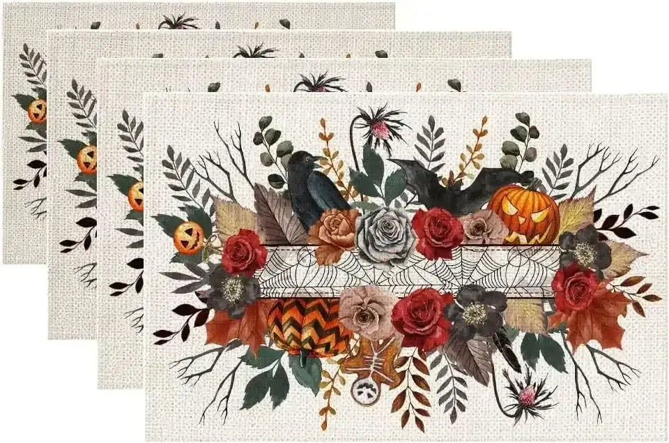 4PCS Halloween Table Placemats - Linen with pumpkins, roses, crows, and spiderwebs. Perfect for Halloween party table settings.