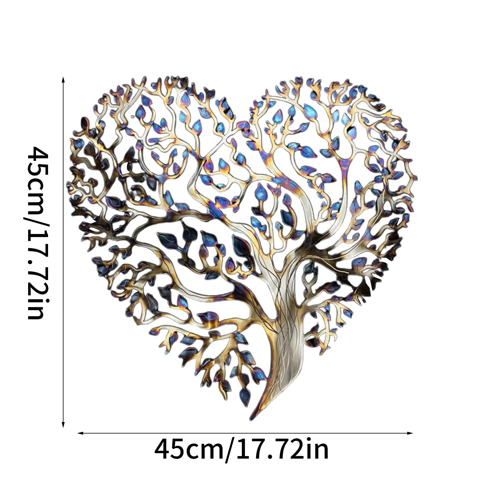 Heart Shape Family Tree Wall Decor - Metal Art Piece with blue and gold accents, measuring 45cm x 45cm, ideal for home wall art.