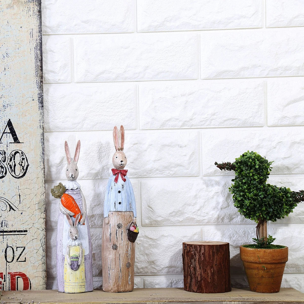 Wood Grain Resin Bunny Couple Statue - Handmade