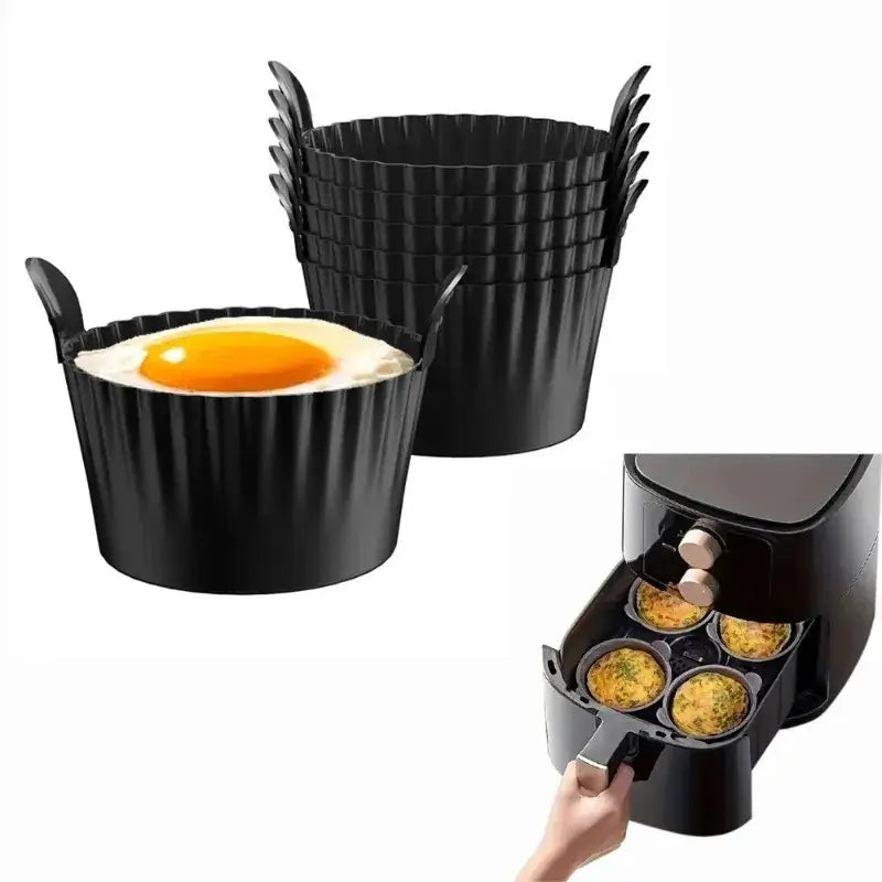 Set of Air Fryer Silicone Egg Cups used in air fryer basket for baking eggs. Durable, non-stick silicone perfect for healthy cooking.