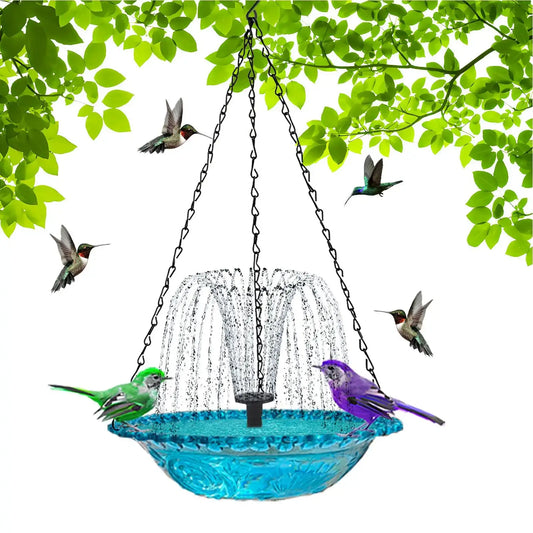 Hanging Solar Bird Bath - Stunning Gift | Durable Design with blue glass bowl and solar-powered fountain, surrounded by colorful birds.