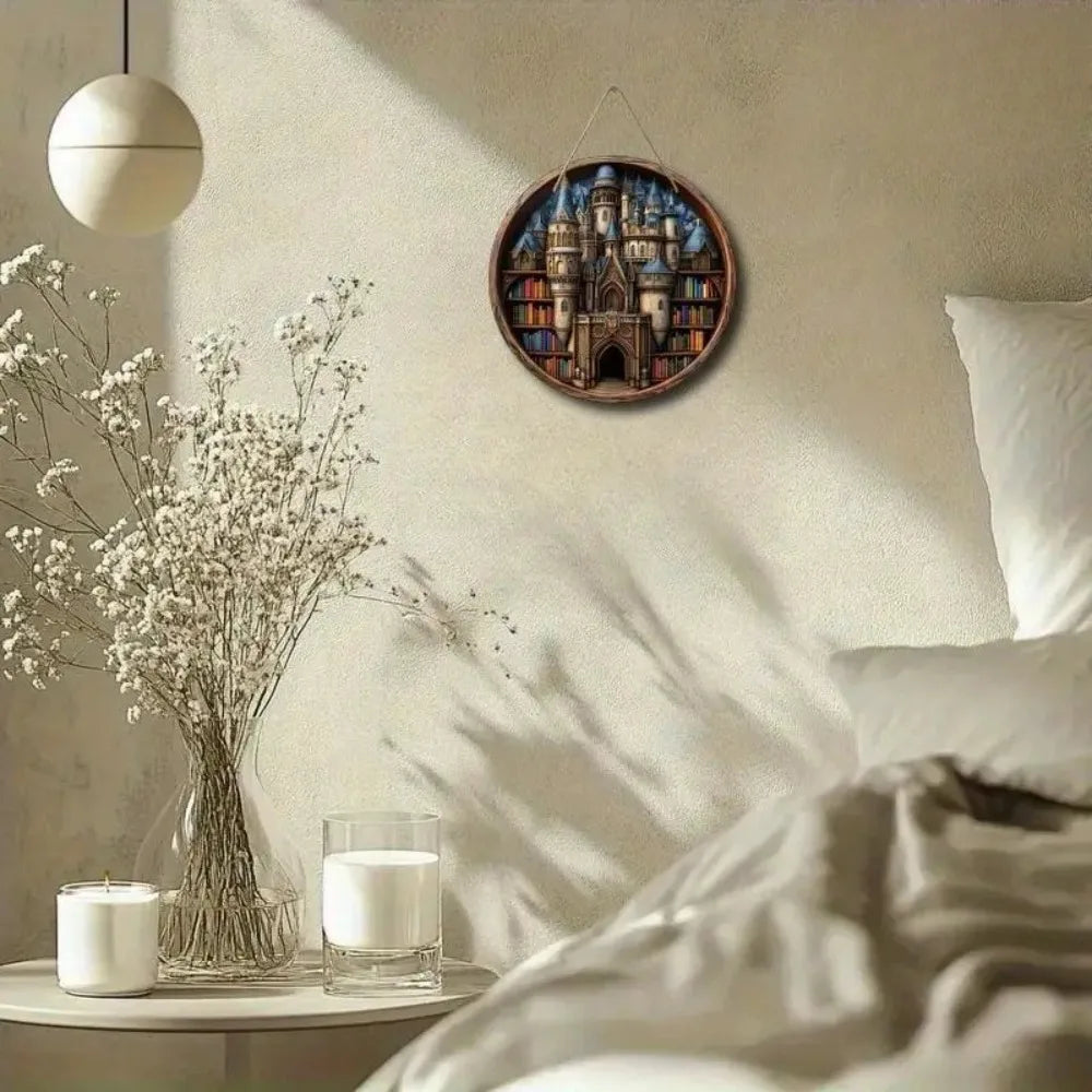 Christmas wooden welcome sign with castle bookshelf design displayed above a bed, adding cozy holiday charm to bedroom decor.