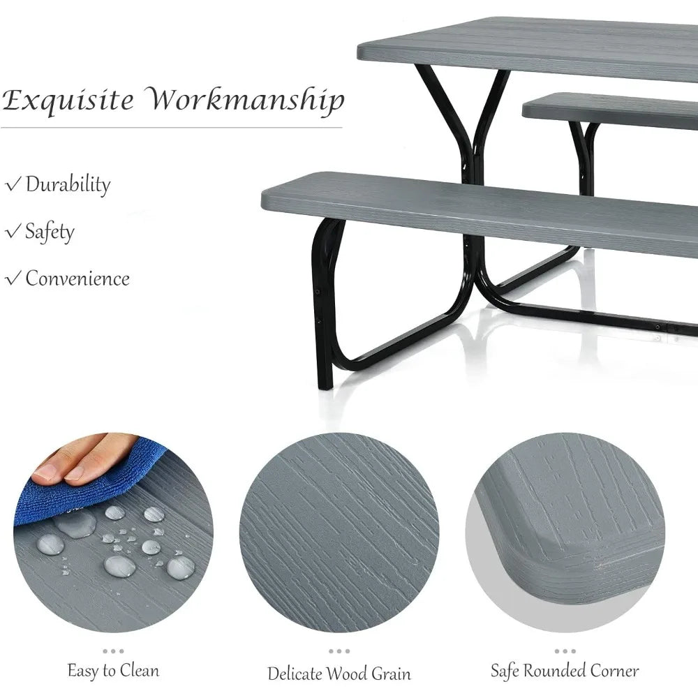 Close-up of All Weather Picnic Table Set showing water-resistant surface, wood grain texture, and rounded corners for safety.