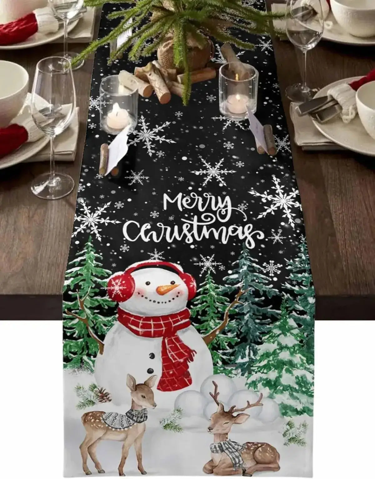 Black linen table runner with snowman, reindeer, and snowflake design. Christmas-themed decor for elegant holiday table settings.