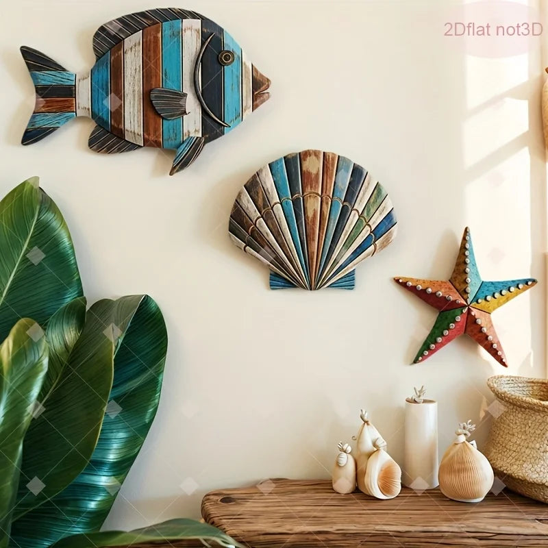 1/2 Set Colorful Ocean Art -Wooden Sea Fish, Shell, Starfish Farmhouse Style Decor