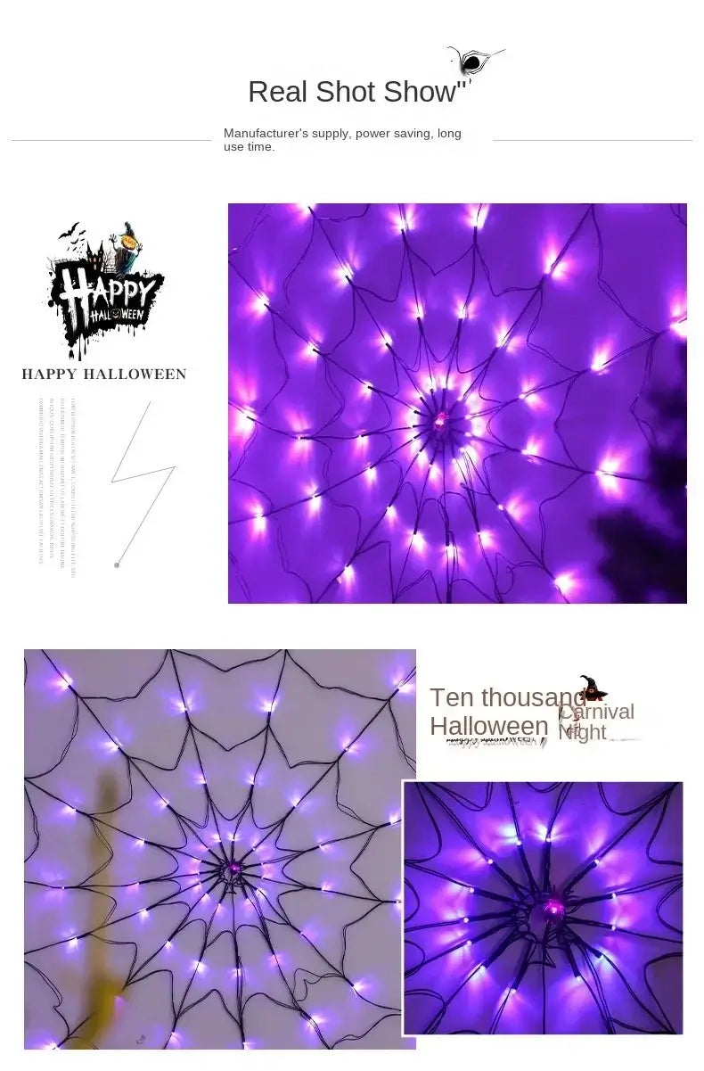 Wall-mounted Halloween Ghost LED Light String in spider web design with purple LEDs, ideal for seasonal home decor.