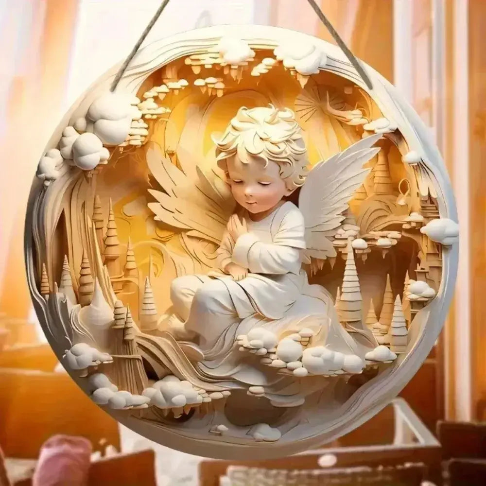 2D layered angel ornament with serene child angel in white, surrounded by clouds and trees. Ideal for Christmas or nursery décor.