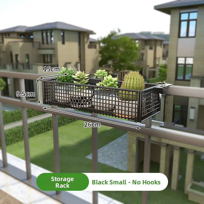 Black small Balcony Plant Stand Windowsill without hooks, 26cm wide. Compact and durable for small balcony spaces.