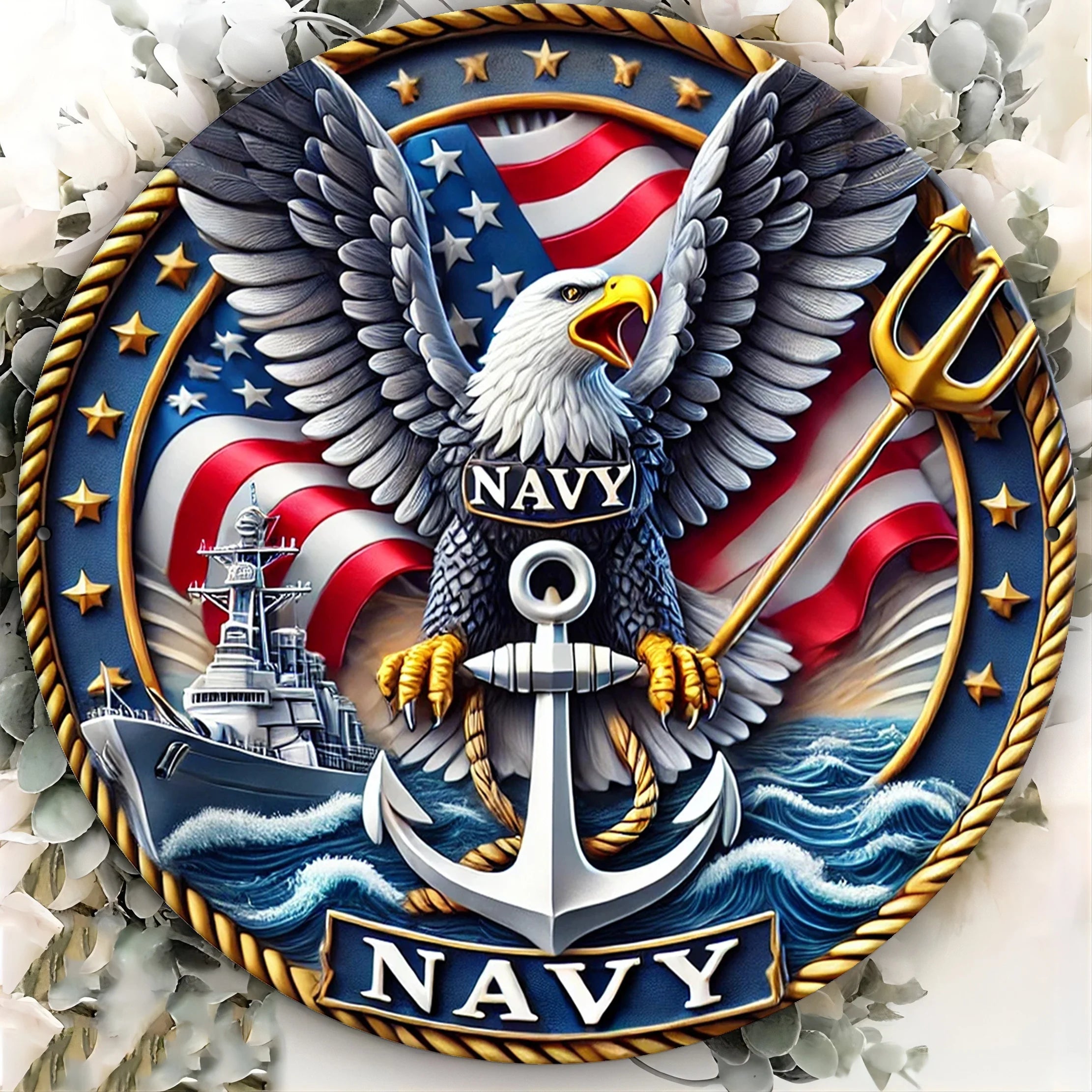 Patriotic Round Vintage Navy Eagle Metal Wall Art