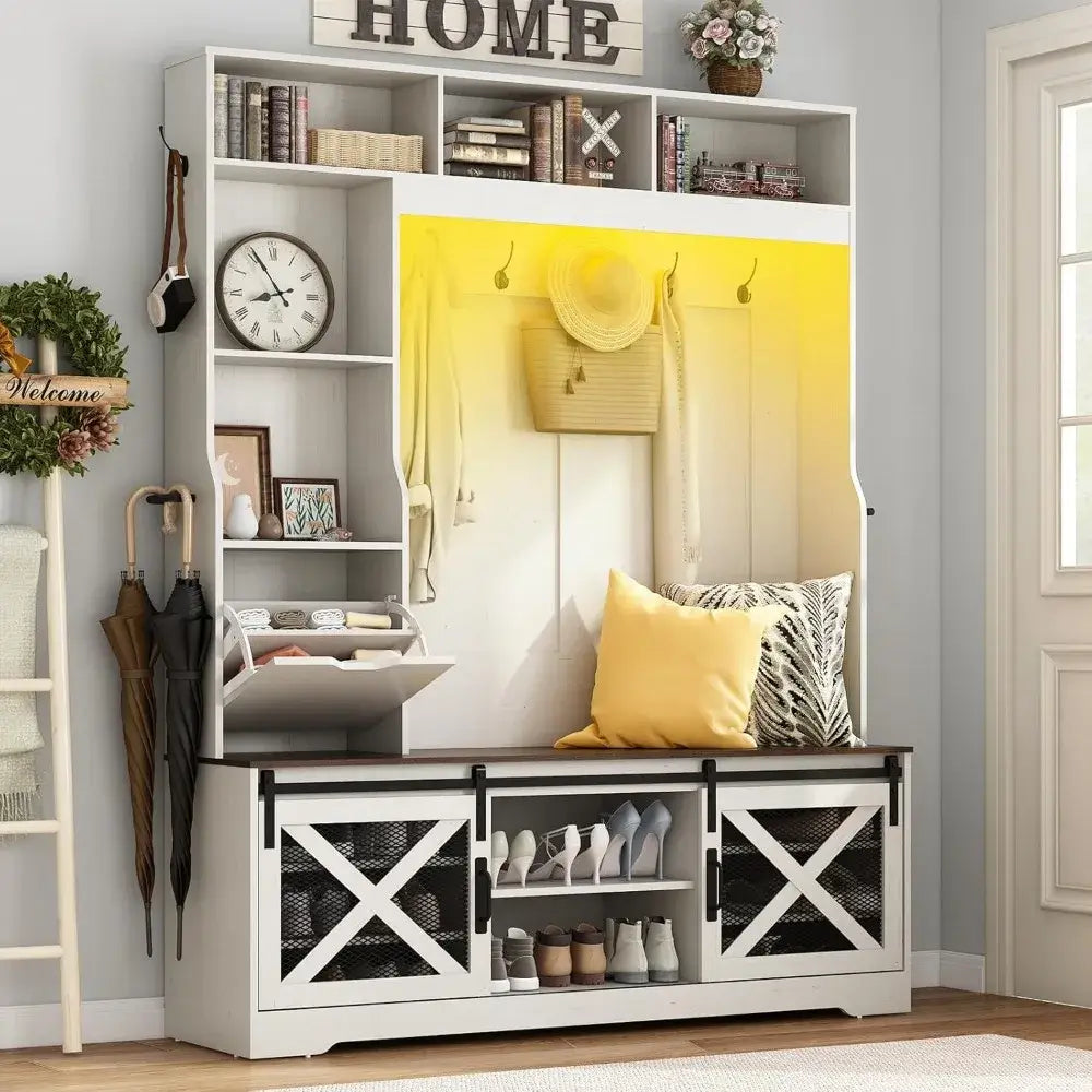 75''H LED Farmhouse Hall Tree White Bench Shoe Storage