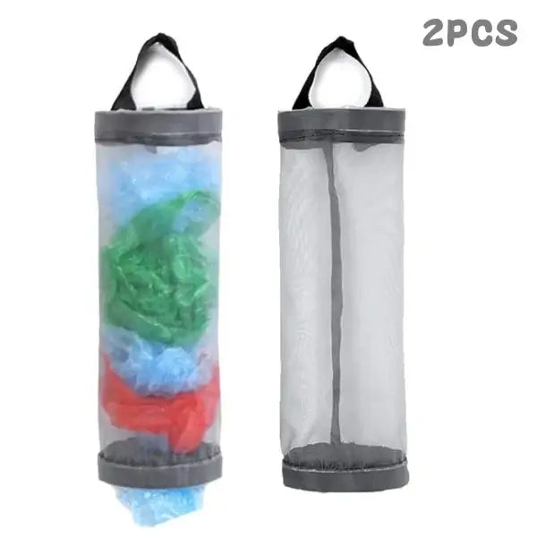 2PCS set of grey mesh kitchen plastic bag holders with top handles. Ideal for organizing and dispensing plastic bags efficiently.