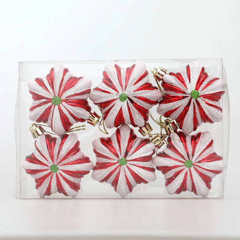 Boxed set of 6 red and white peppermint-style ornaments from the Christmas Tree Ornaments Set - 6pcs Red Star Candy, ideal for festive tree decor.
