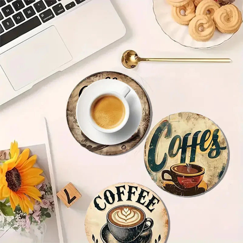 The 6-piece set of coffee cup theme pattern wooden round coasters