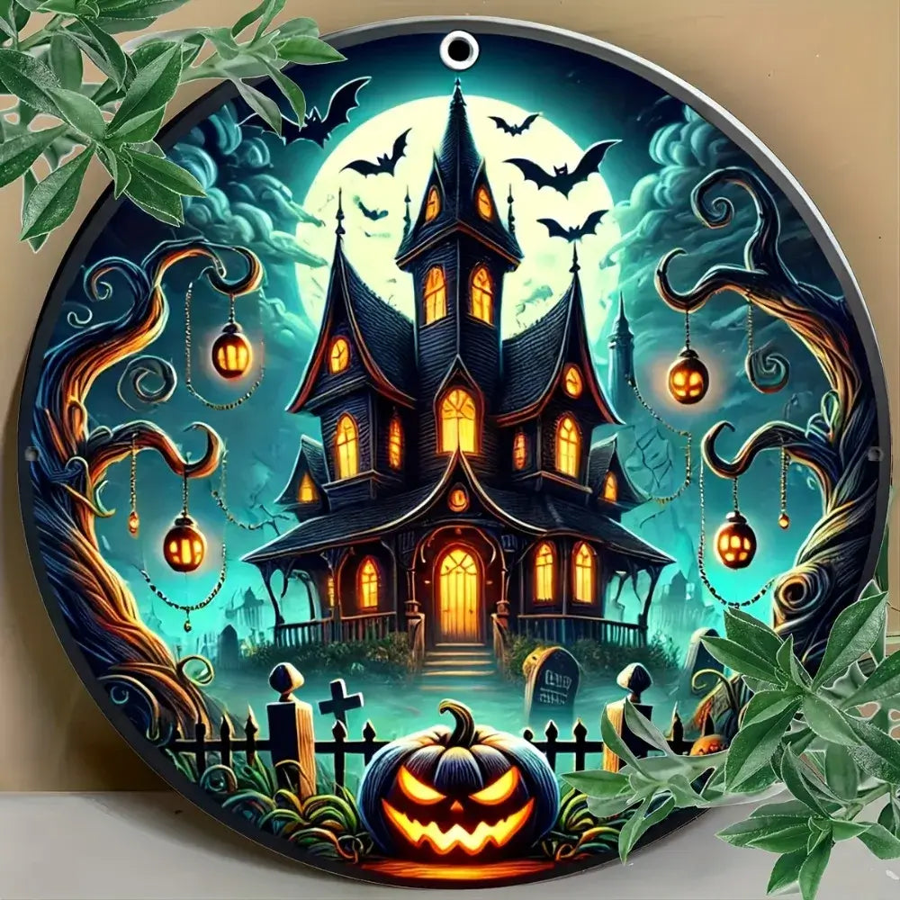 Classic Halloween haunted house metal sign with lantern-lit trees and a glowing jack-o'-lantern, great for seasonal indoor or outdoor decor.
