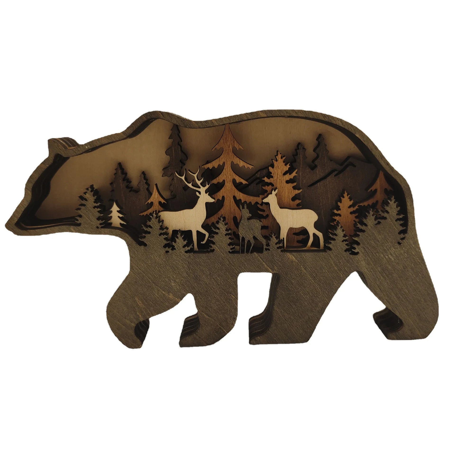 Wooden bear figurine with forest and deer carvings, rustic décor accent for desks or shelves in home and garden settings.