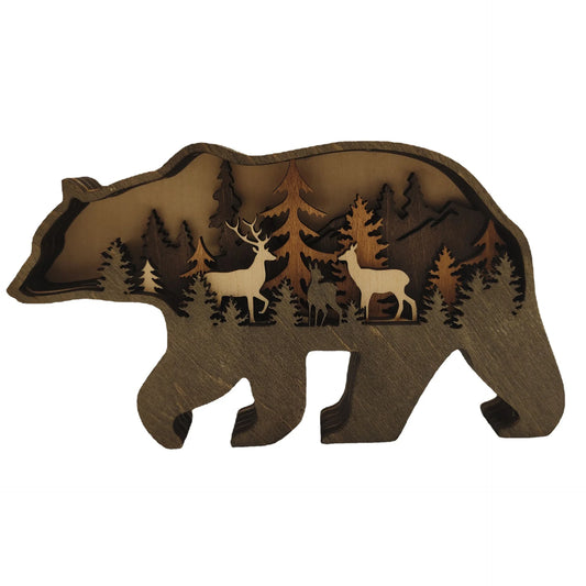 Wooden bear figurine with forest and deer carvings, rustic décor accent for desks or shelves in home and garden settings.