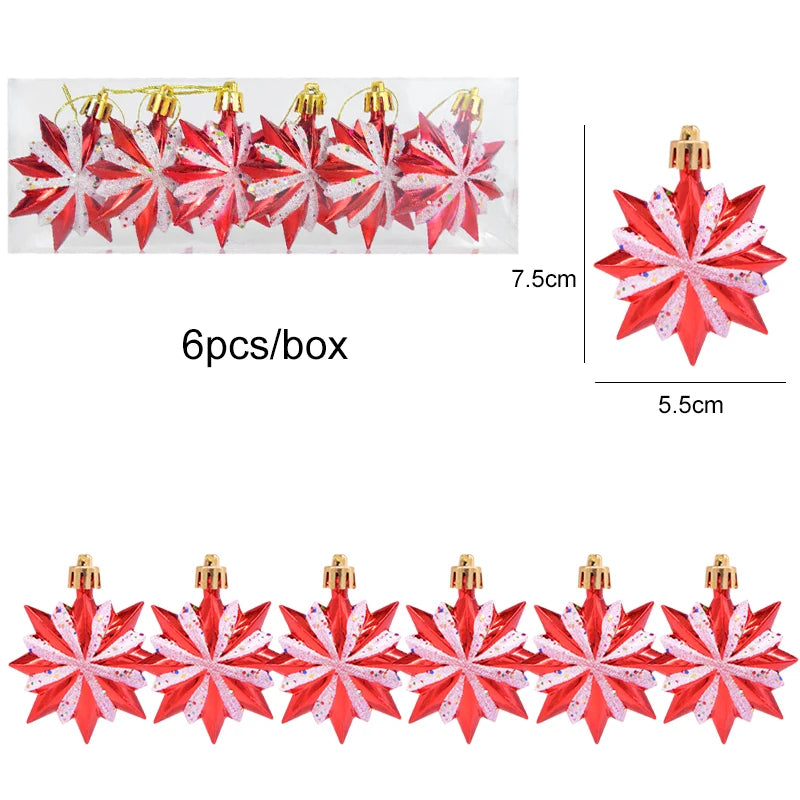 6pcs/box red star-shaped glitter ornaments, 5.5cm wide, part of the Christmas Tree Ornaments Set - 6pcs Red Star Candy collection.