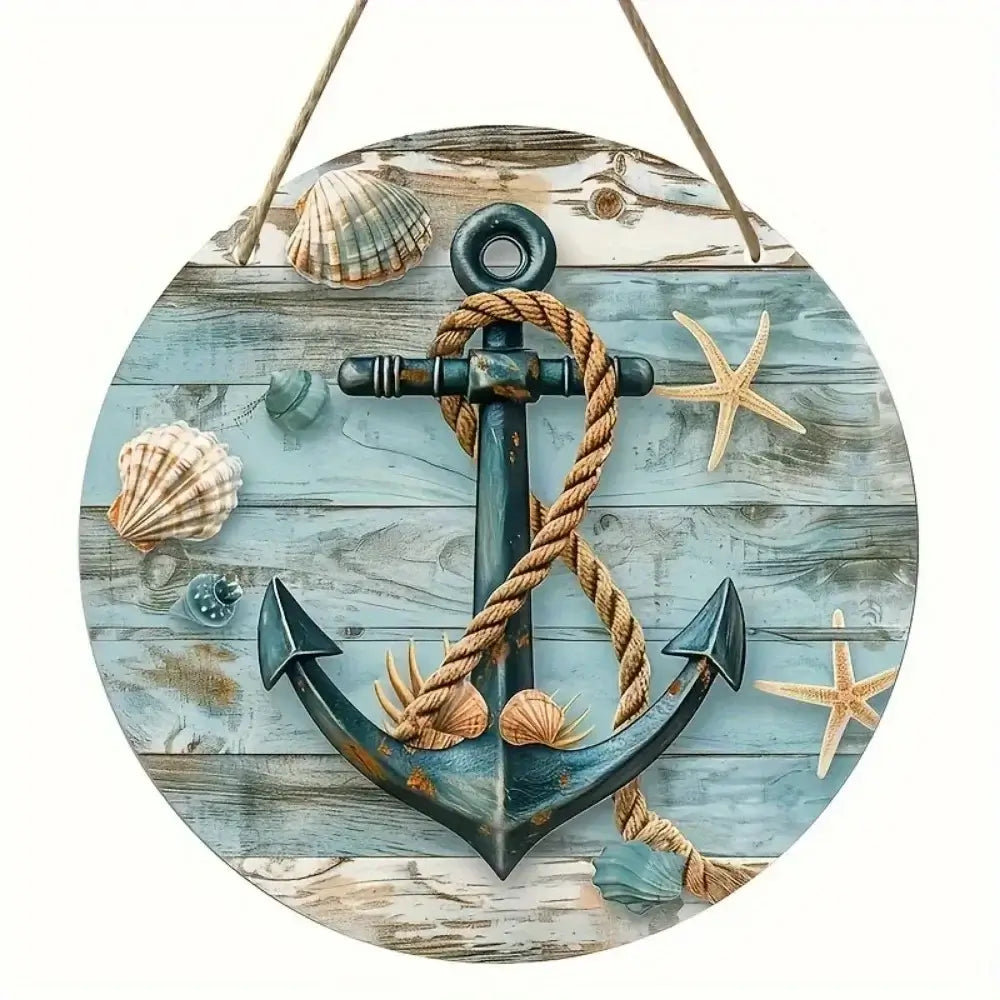 Ocean-themed aluminum plaque with anchor, rope, and seashells on a distressed blue wood background. Lightweight and weather-resistant decor.