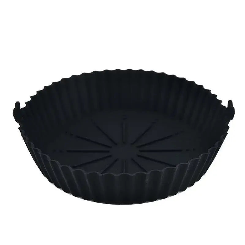 Black air fryer silicone liners pot with textured base for crispier results. Heat-resistant and reusable for eco-friendly cooking.