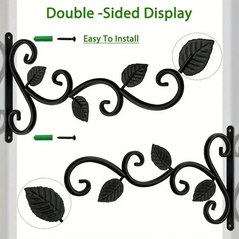Double-sided rustic iron wall bracket with leaf accents, includes screws and anchors for easy installation on various surfaces.